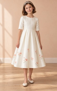 Cream Tea-length Floral Jewel Half-sleeve Pleated Unbanded Button-back Flower Girl Dress