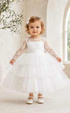 Layered Tulle Baby Baptism A-Line Long Lace Sleeve Tea-Length Dress Modest