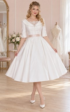 Rockabilly-Hochzeitskleid mit Porträtkragen, halben Ärmeln, Knopfleiste am Rücken, Teelänge und A-Linie