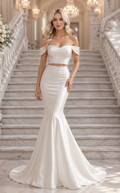 Off Shoulder Draped Satin Mermaid Ballroom Staircase Bridal Set