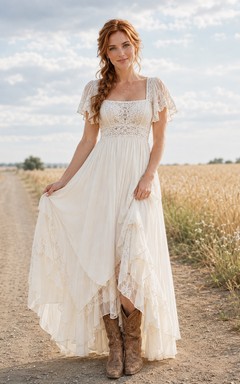 Maternity Wedding Dress Spaghetti Strap Lace Gown with Split Front and Beach Train
