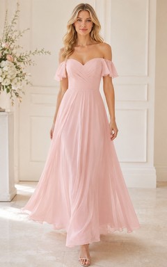 Blush Off-the-shoulder Petal Sleeve Chiffon A-Line Floor-length Bridesmaid Dress