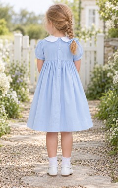 Modest Sky Blue Knee Length Wide Diamond Smocked Rounded Collar Puff Flower Girl Dress