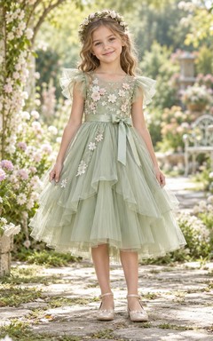 Fairy Sage Blumenapplikationen, flatternde Ärmel, mehrlagiges Tüll-Teelängen-Blumenmädchenkleid