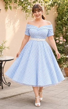 Sky schulterfreies, kurzärmeliges A-Linien-Picknickkleid aus Baumwolle in Teelänge mit Vichy-Karo
