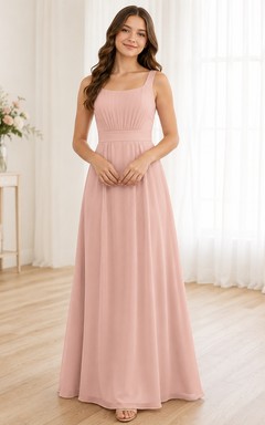 Vestido de dama de honor juvenil rosa perla, corte en A, cuadrado, sin mangas, sencillo
