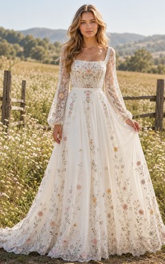 Vintage Hippie Floral Embroidered Long Sleeve Wedding Dress