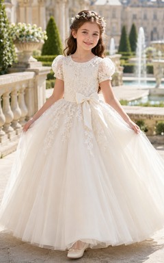 Regal Jewel Neck Puff Sleeve Lace Communion Ball Gown