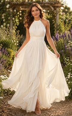 Boho-Hochzeitskleid aus fließendem Chiffon mit Neckholder-Ausschnitt
