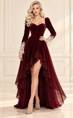 High-low Long Sleeve Burgundy Velvet Sweetheart Ruffled Formal Evening Gown