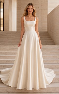 Champagne Square Neck Satin A-Line Architectural Bridal Gown