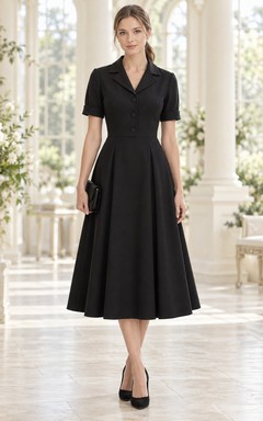 Schlichtes, elegantes schwarzes A-Linien-Midikleid mit Reverskragen und Knopfleiste