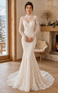Mariage d'hiver en dentelle à col montant, manches longues illusion, traîne chapelle, robe sirène sirène, col montant et manches longues illusion