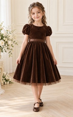 Tea-length Brown A-line Velvet Satin Tulle Puff-sleeved Scoop-neck Back-bowed Gathered Flower Girl Dress