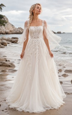 Square Neck Lace Sleeve Coastal Beach Bridal Gown