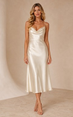 Vestido de cóctel formal elegante y sexy color marfil con escote drapeado y tirantes finos, de satén.