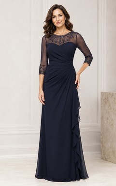 Dark Navy Illusion Lace Three-Quarter Sleeve Sheath Evening Gown