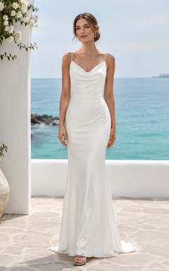 Strandhochzeitskleid aus Satin, Etuikleid, Wasserfallausschnitt, ärmellos, bodenlang, tiefer V-Ausschnitt am Rücken