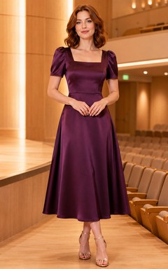Plum square neck puff sleeve satin performance midi dress
