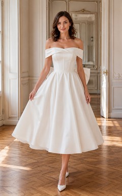 Elegantes schulterfreies Brautkleid aus Satin in A-Linie, Teelänge, mit übergroßer Schleife