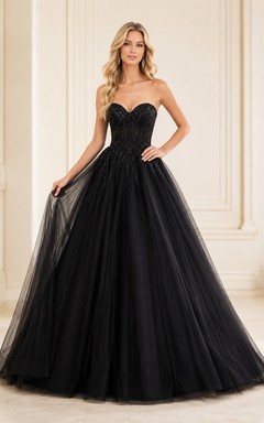 Black Strapless Sweetheart Pleated Tulle Low-Back Luxury Quinceanera Ball Gown