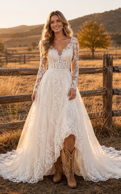Western Long Sleeve Lace High Low Ranch Bridal Gown