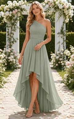 Sage one shoulder pleated chiffon high low bridesmaid dress