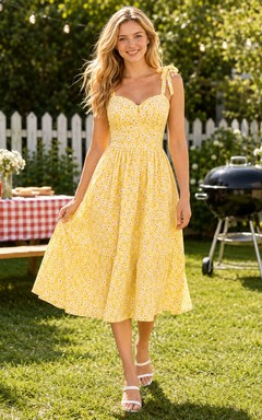 Yellow Floral Sweetheart Tie Strap Cotton Barbecue Midi Dress