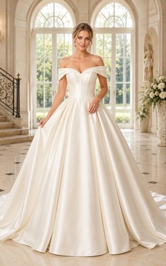 Robe de mariée minimaliste en satin, robe de bal épaules dénudées, traîne chapelle