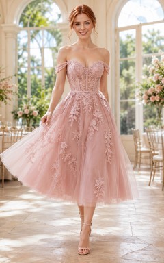 Blush Off Shoulder Floral Lace Tulle Tea Length Wedding Dress