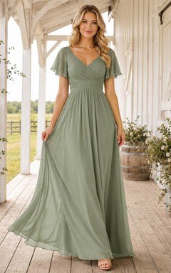 Sage Chiffon A-Line V-Neck Flutter Sleeve Pleated Low Back Floor-Length Bridesmaid Dress