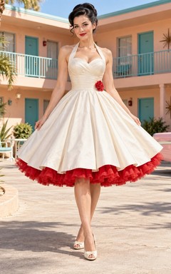 Robe de mariée rockabilly dos nu à jupon rouge à fleurs, style années 1950