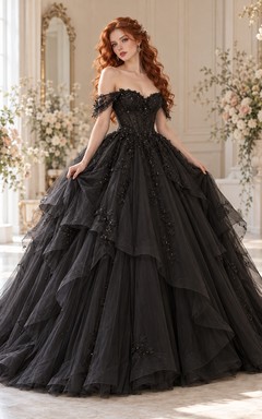 Black Off Shoulder Corset Tiered Ruffle Tulle Ball Gown Wedding Dress