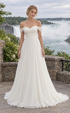Vestido de novia sencillo de gasa fruncida con escote corazón, mangas cortas y corte en A, estilo A, con hombros descubiertos y largo hasta el suelo.
