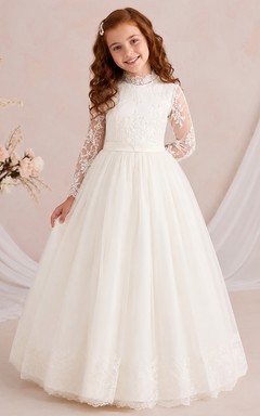 Vestido formal de té para niña de las flores, de manga larga, cuello alto, encaje y tul.