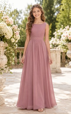 Vestido de dama de honor juvenil color rosa empolvado, corte A, escote barco, sin mangas