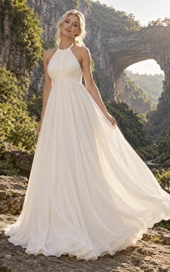 Vestido de novia sencillo de gasa con escote halter y cuello alto, fruncido y corte en A