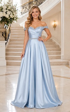 Himmelblaues schulterfreies Brautjungfernkleid aus Satin in A-Linie mit bodenlangem Rock