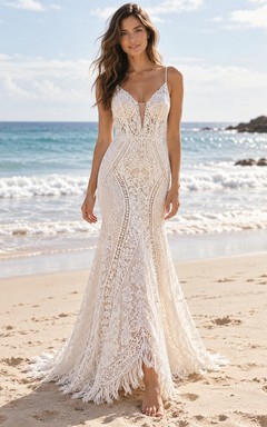 Boho Spaghetti Strap V-Neck Geometric Lace Fringe Wedding Dress