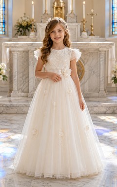 Vestido de baile de Primera Comunión de tul floral con cuello joya y mangas con volantes