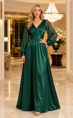 Vestido formal cruzado de satén verde oscuro con mangas obispo