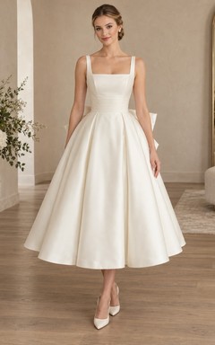 Robe de mariée trapèze en satin, longueur thé, col carré, dos nu avec nœud, coupe trapèze