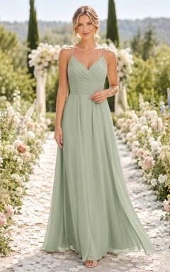 Sage green spaghetti V-neck chiffon floor length bridesmaid dress
