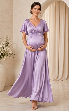 Maternity Lilac V-Neck Flutter Sleeve Satin Empire Ankle-Length A-Line Formal Dress