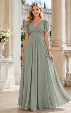 Sage V-Neck Short Sleeve Chiffon Empire Formal Dress