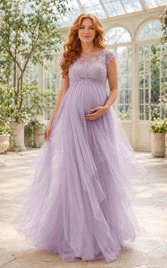Lavender Maternity Tulle Volume Jewel-Neck A-Line Floor-Length Romantic Evening Gown