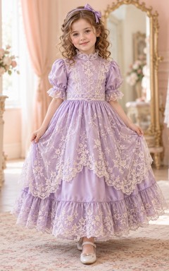 Victorian Lavender High Neck Puff Sleeve Lace Layered Long Flowergirl Dress