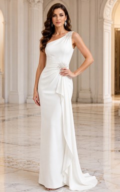 Modern One-Shoulder Satin Sheath Court Train Draped Elegant Wedding Gown
