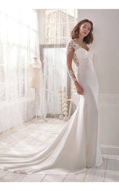 Charming V-neck Sheath Long Sleeve Wedding Dress With Illusion Back