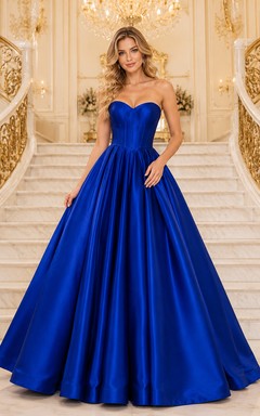 Royal blue strapless satin sweetheart ball gown prom dress